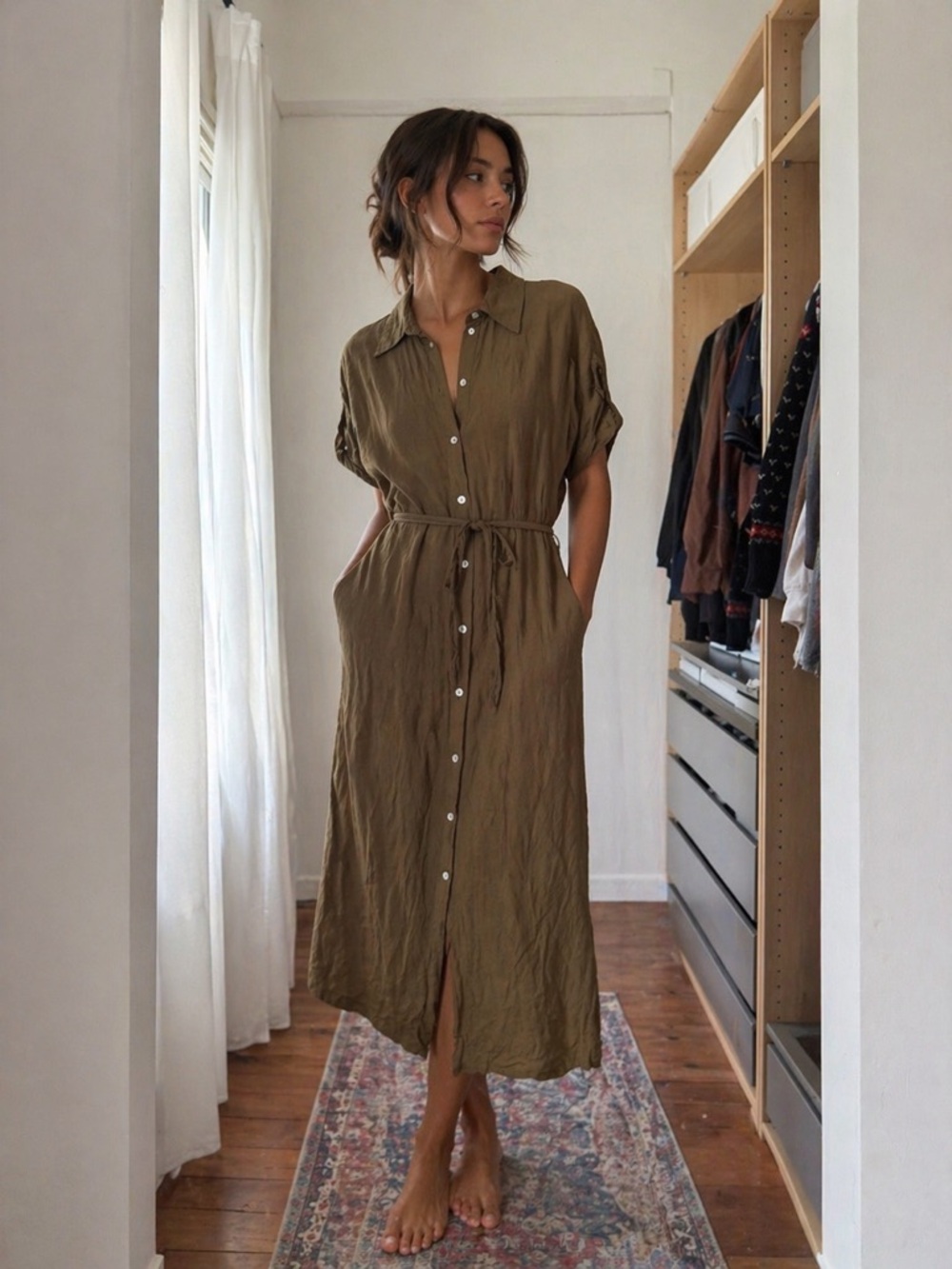 Mango Button-Front Shirt Dress in Olive